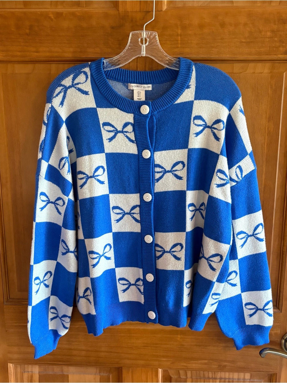 Sincerely Jules Blue and White Bow Design Button-Front Sweater, Women's Size S